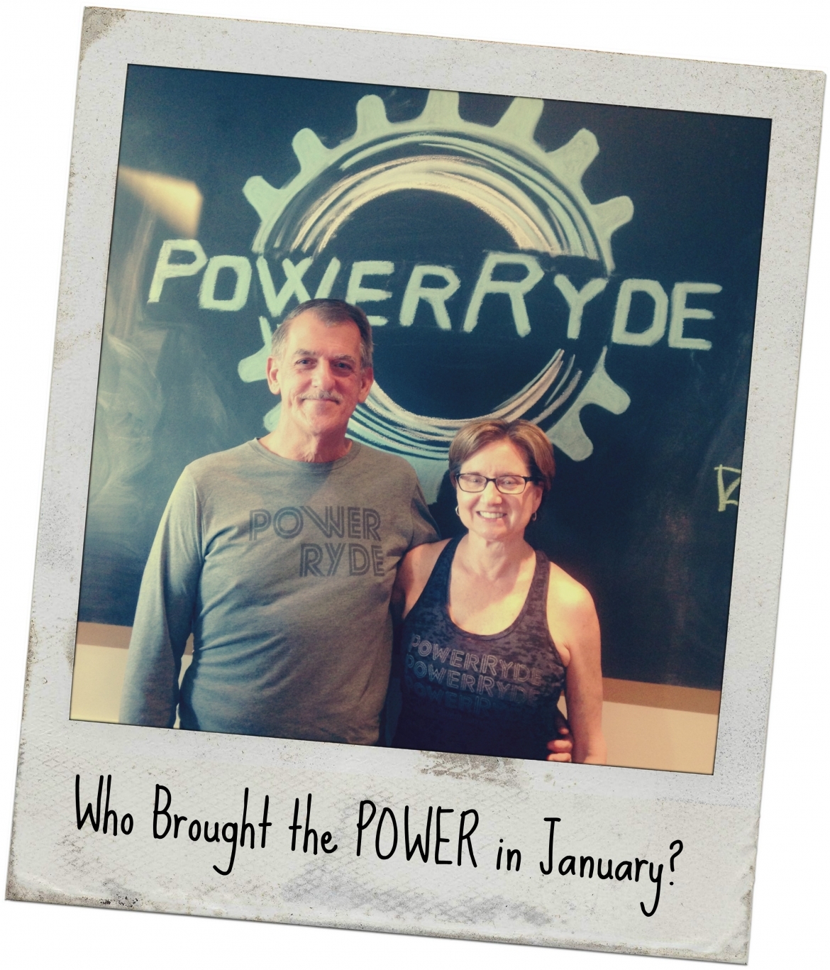 Polaroid style picture of Amy and Mike Mason with 'Who Brought the POWER in January'?